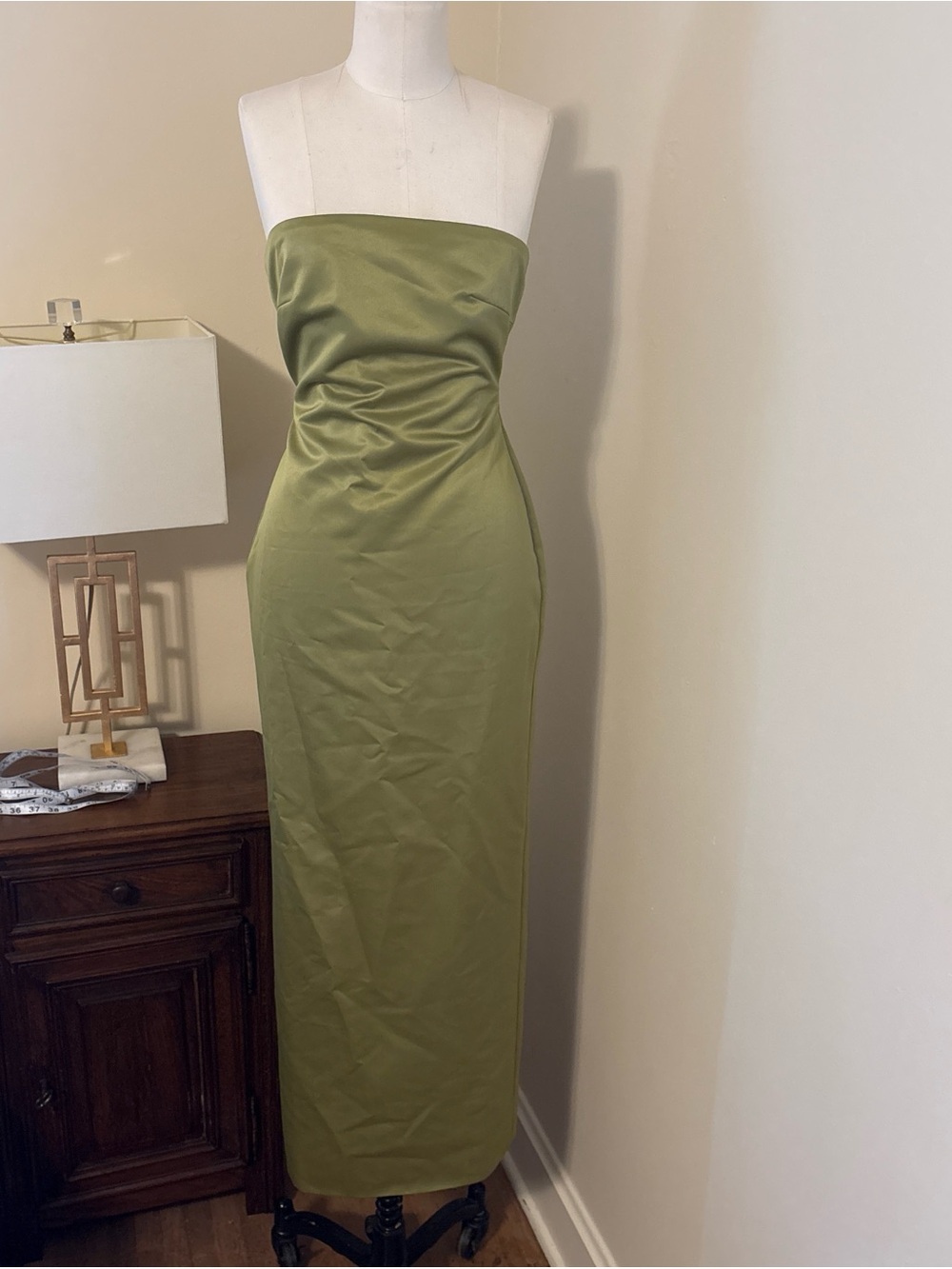 Strapless Green Satin Column Dress